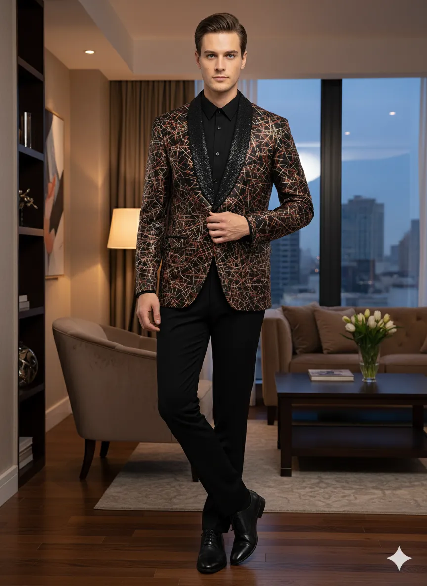 Mens Black Shiny Designer Blazer with Red and Gold Pattern - Luxury Party & Wedding Jacket sold by Alberto Nardoni product image thumbnail 2