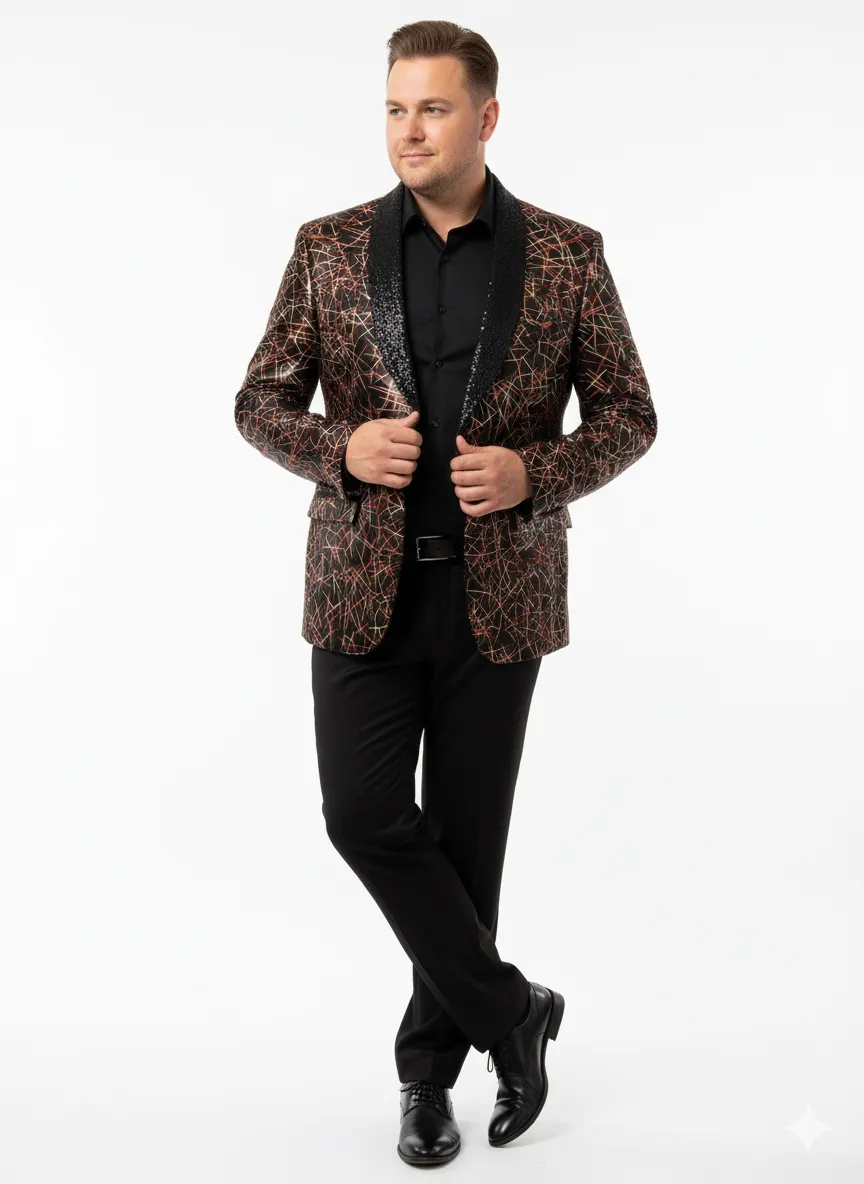 Mens Black Shiny Designer Blazer with Red and Gold Pattern - Luxury Party & Wedding Jacket sold by Alberto Nardoni product image thumbnail 3