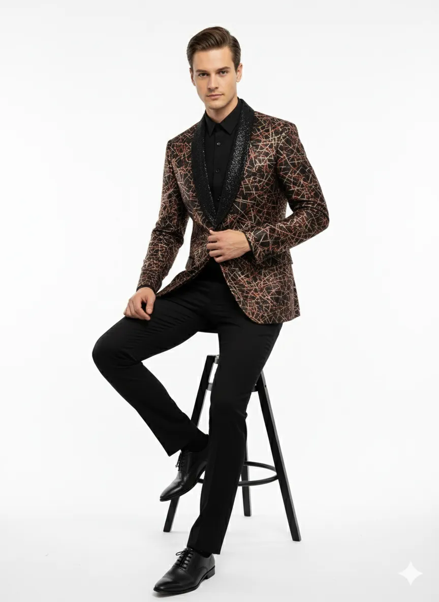 Mens Black Shiny Designer Blazer with Red and Gold Pattern - Luxury Party & Wedding Jacket sold by Alberto Nardoni product image thumbnail 4