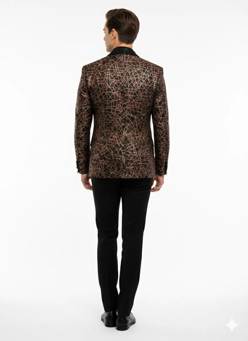 Mens Black Shiny Designer Blazer with Red and Gold Pattern - Luxury Party & Wedding Jacket sold by Alberto Nardoni