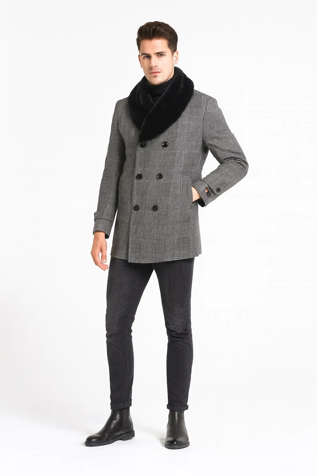 Mens Grey Plaid Double-Breasted Overcoat with Black Faux Fur Collar – Classic Winter Peacoat sold by Alberto Nardoni