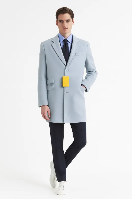 Mens Light Blue Wool Overcoat – Modern Long Coat with Classic Tailored Fit in Sky Blue sold by Alberto Nardoni