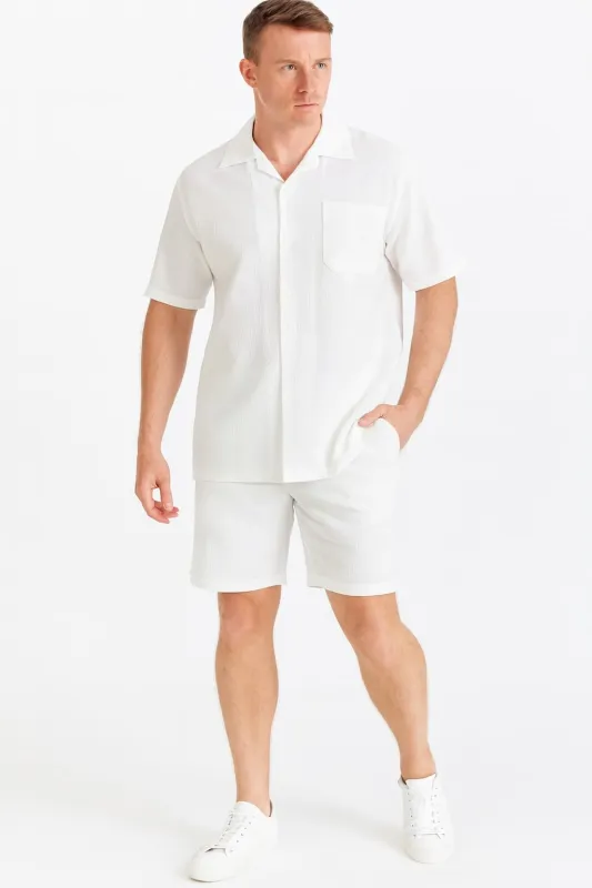 Mens White Seersucker Short Set – Lightweight Summer Outfit with Shirt and Shorts sold by Alberto Nardoni