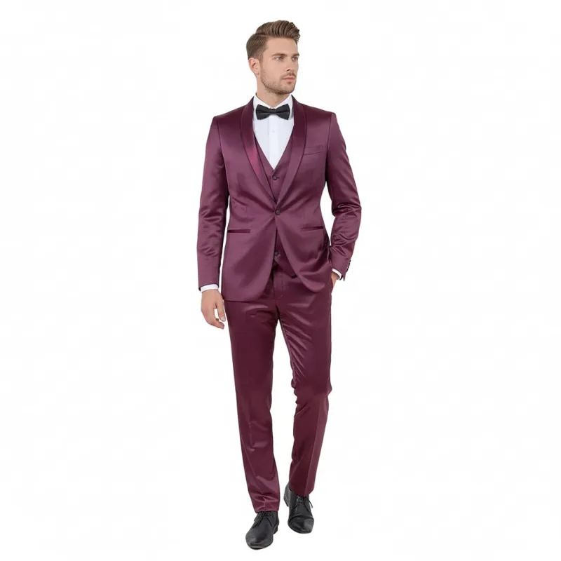 Mens Sateen Shiny Burgundy Slim Fit Tuxedo – Satin Shawl Lapel 3-Piece Suit sold by Alberto Nardoni