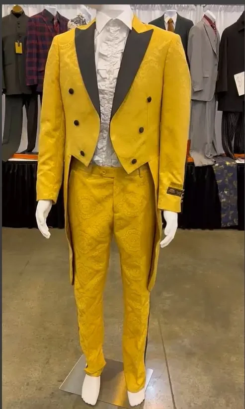 Mens Yellow Tailcoat Tuxedo with Black Lapel and Brocade Detailing - Formal Vintage Style Suit sold by Alberto Nardoni product image thumbnail 4
