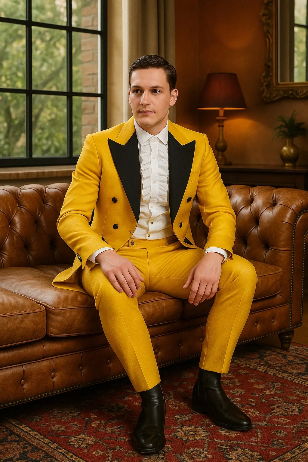 Mens Yellow Tailcoat Tuxedo with Black Lapel and Brocade Detailing - Formal Vintage Style Suit sold by Alberto Nardoni product image thumbnail 3