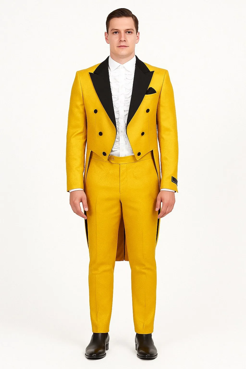 Mens Yellow Tailcoat Tuxedo with Black Lapel and Brocade Detailing - Formal Vintage Style Suit sold by Alberto Nardoni
