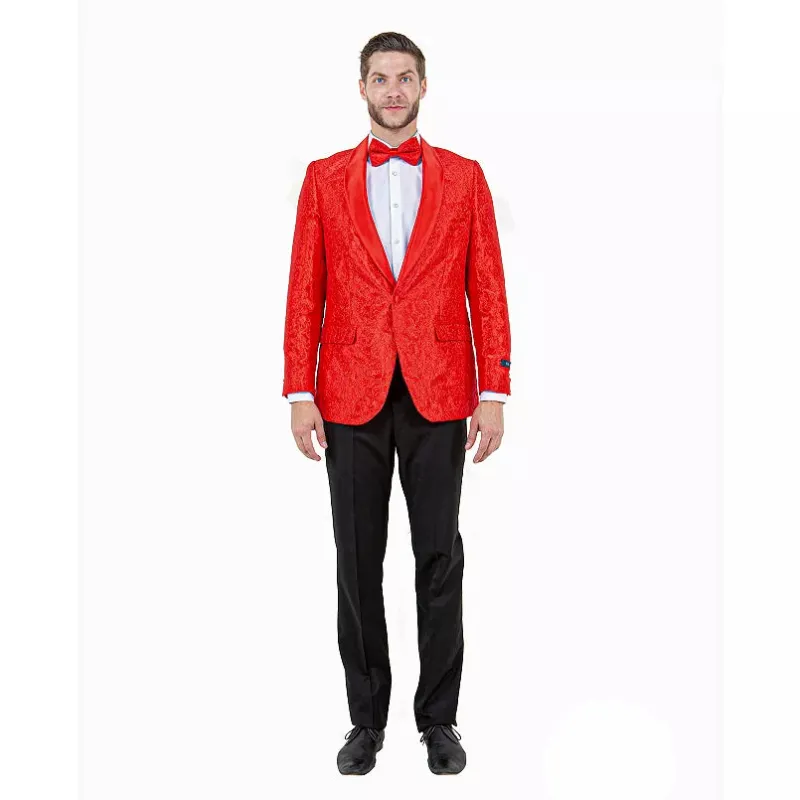 Big and Tall Mens Red Paisley Tuxedo Jacket – Satin Shawl Lapel Blazer with Bow Tie - Christmas Jacket sold by Alberto Nardoni