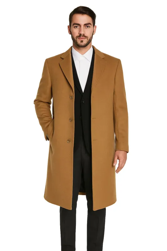 Men’s Camel Overcoat – Classic Single Breasted Wool Long Coat with Peak Lapel sold by Alberto Nardoni