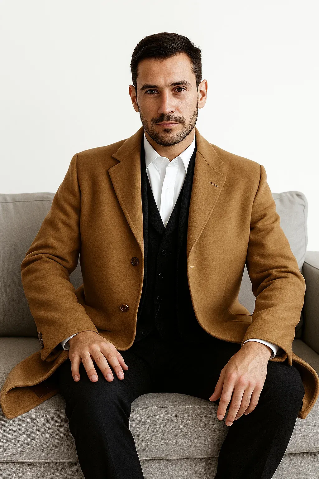 Men’s Camel Overcoat – Classic Single Breasted Wool Long Coat with Peak Lapel sold by Alberto Nardoni product image thumbnail 5