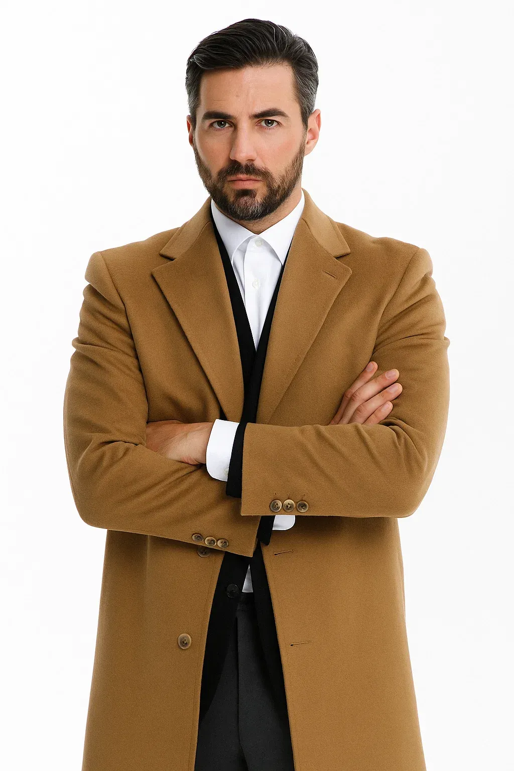 Men’s Camel Overcoat – Classic Single Breasted Wool Long Coat with Peak Lapel sold by Alberto Nardoni product image thumbnail 3