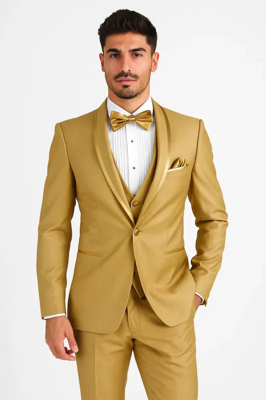 Mens Formal Champagne Tuxedo – Satin Shawl Collar Vested Suit for Prom and Weddings in Gold Color sold by Alberto Nardoni