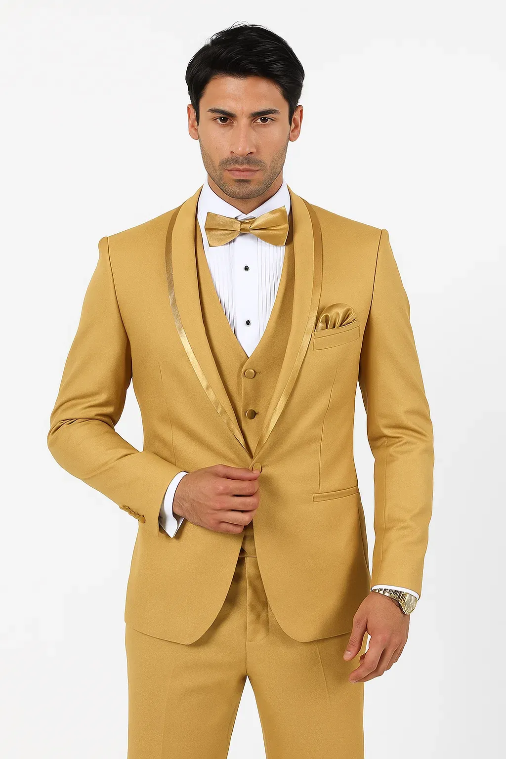 Mens Formal Champagne Tuxedo - Satin Shawl Collar Vested Suit for Prom and Weddings in Gold Color sold by Alberto Nardoni product image thumbnail 3