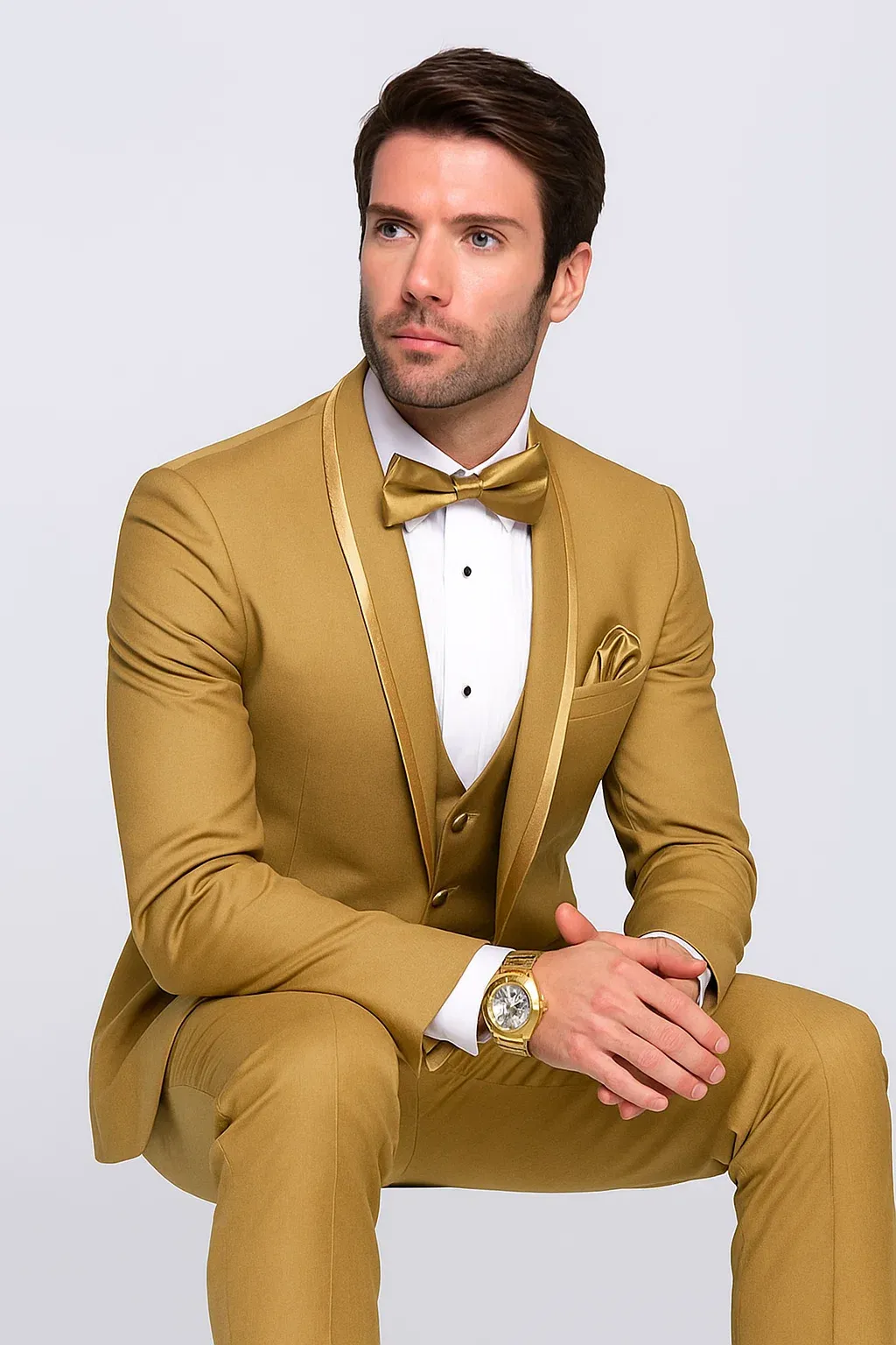 Mens Formal Champagne Tuxedo - Satin Shawl Collar Vested Suit for Prom and Weddings in Gold Color sold by Alberto Nardoni product image thumbnail 5