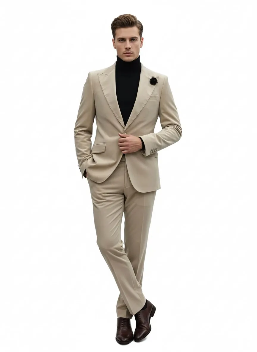 Mens Sand Beige Velvet Tuxedo Suit – 2 Piece Slim Fit Blazer and Pants Formal Set - Winter Fabric Natural Color sold by Alberto Nardoni product image thumbnail 5