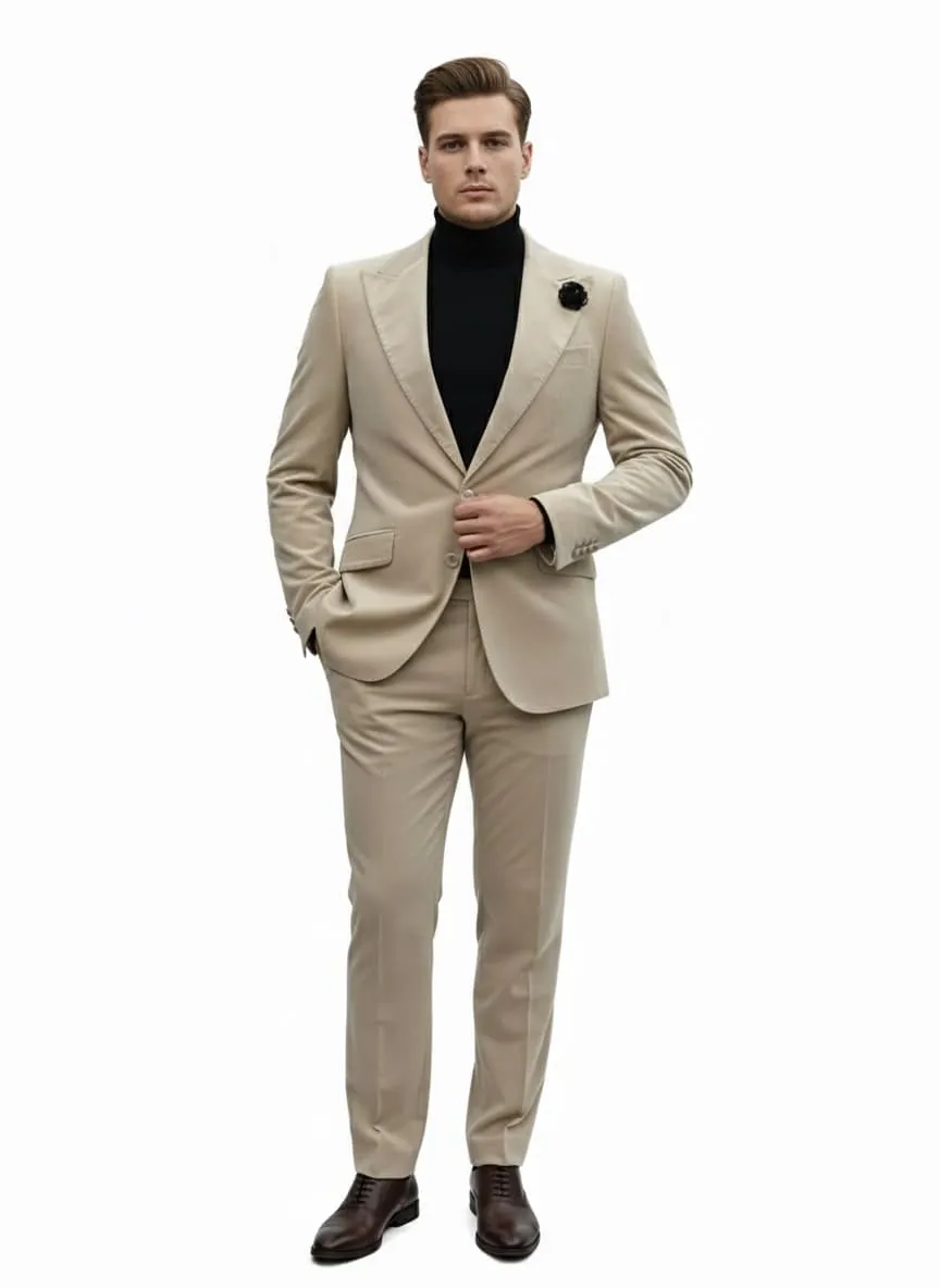 Mens Sand Beige Velvet Tuxedo Suit – 2 Piece Slim Fit Blazer and Pants Formal Set - Winter Fabric Natural Color sold by Alberto Nardoni product image thumbnail 2