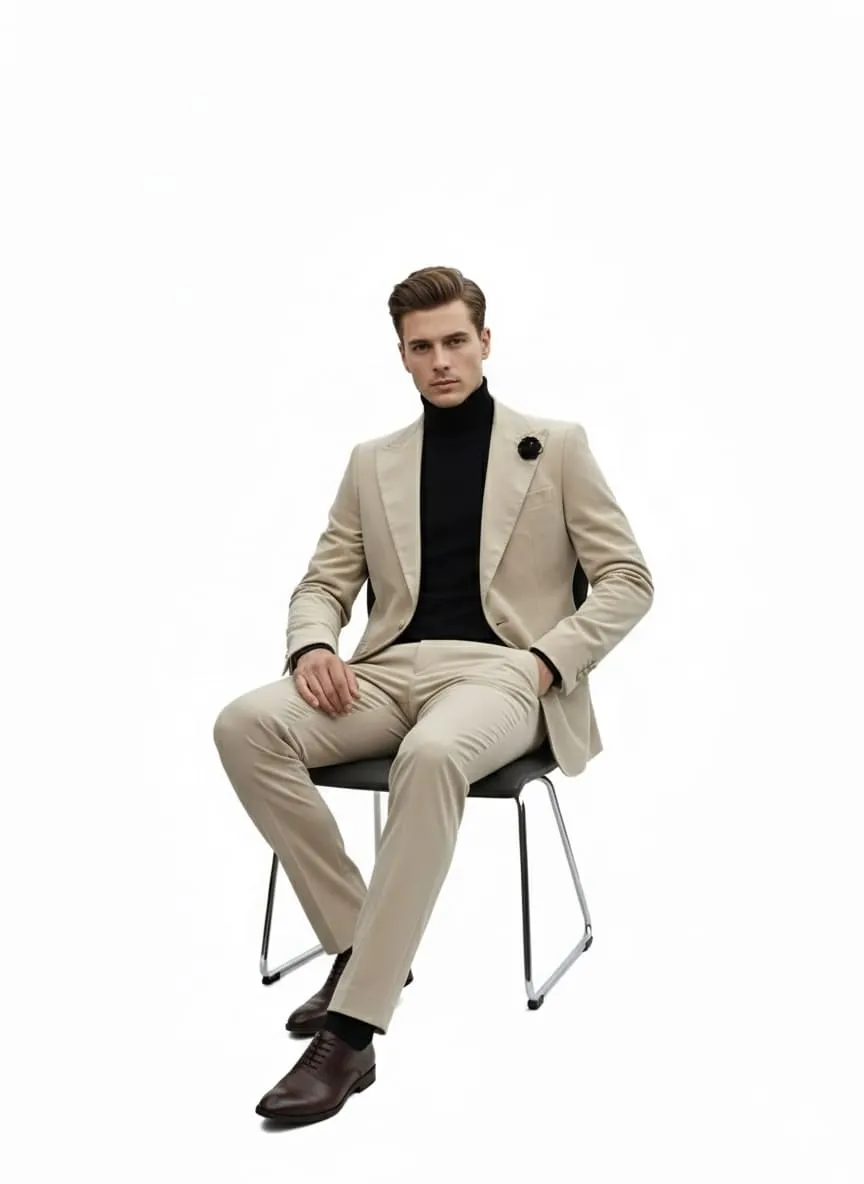 Mens Sand Beige Velvet Tuxedo Suit – 2 Piece Slim Fit Blazer and Pants Formal Set - Winter Fabric Natural Color sold by Alberto Nardoni product image thumbnail 3