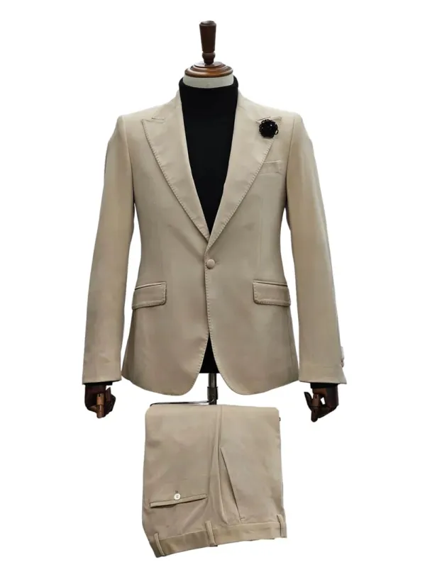 Mens Sand Beige Velvet Tuxedo Suit â€“ 2 Piece Slim Fit Blazer and Pants Formal Set - Winter Fabric Natural Color sold by Alberto Nardoni
