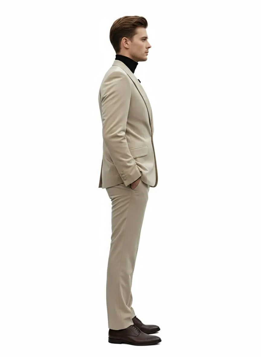 Mens Sand Beige Velvet Tuxedo Suit – 2 Piece Slim Fit Blazer and Pants Formal Set - Winter Fabric Natural Color sold by Alberto Nardoni product image thumbnail 4