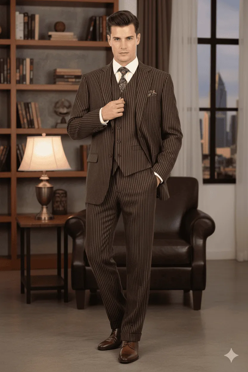 Men’s Brown Pinstripe 3-Piece Suit – Classic Business and Formal Wear with Vest sold by Alberto Nardoni product image thumbnail 3