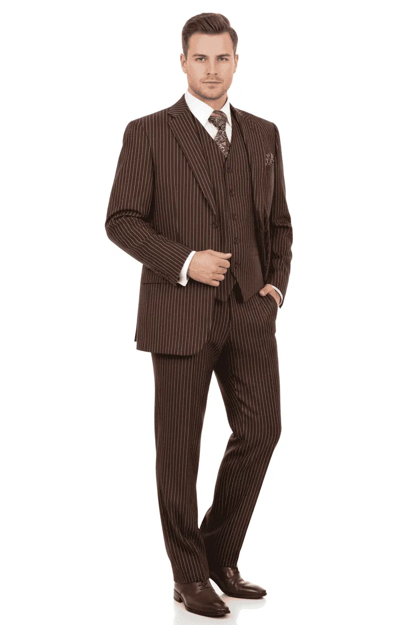 Men’s Brown Pinstripe 3-Piece Suit – Classic Business and Formal Wear with Vest sold by Alberto Nardoni product image thumbnail 4