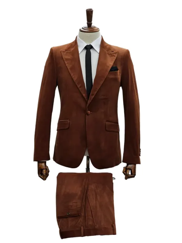 Mens Brown Velvet 2-Piece Suit - Luxury Slim Fit Formal Blazer and Pants Set in Rust Copper Color made by Alberto Nardoni