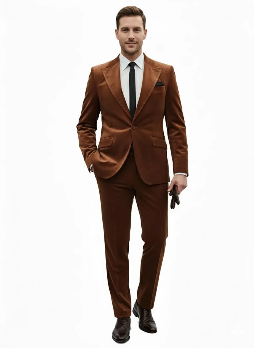 Mens Brown Velvet 2-Piece Suit - Luxury Slim Fit Formal Blazer and Pants Set in Rust Copper Color sold by Alberto Nardoni product image thumbnail 5