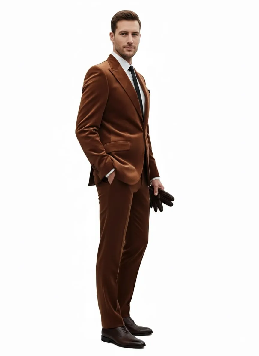 Mens Brown Velvet 2-Piece Suit - Luxury Slim Fit Formal Blazer and Pants Set in Rust Copper Color sold by Alberto Nardoni product image thumbnail 4