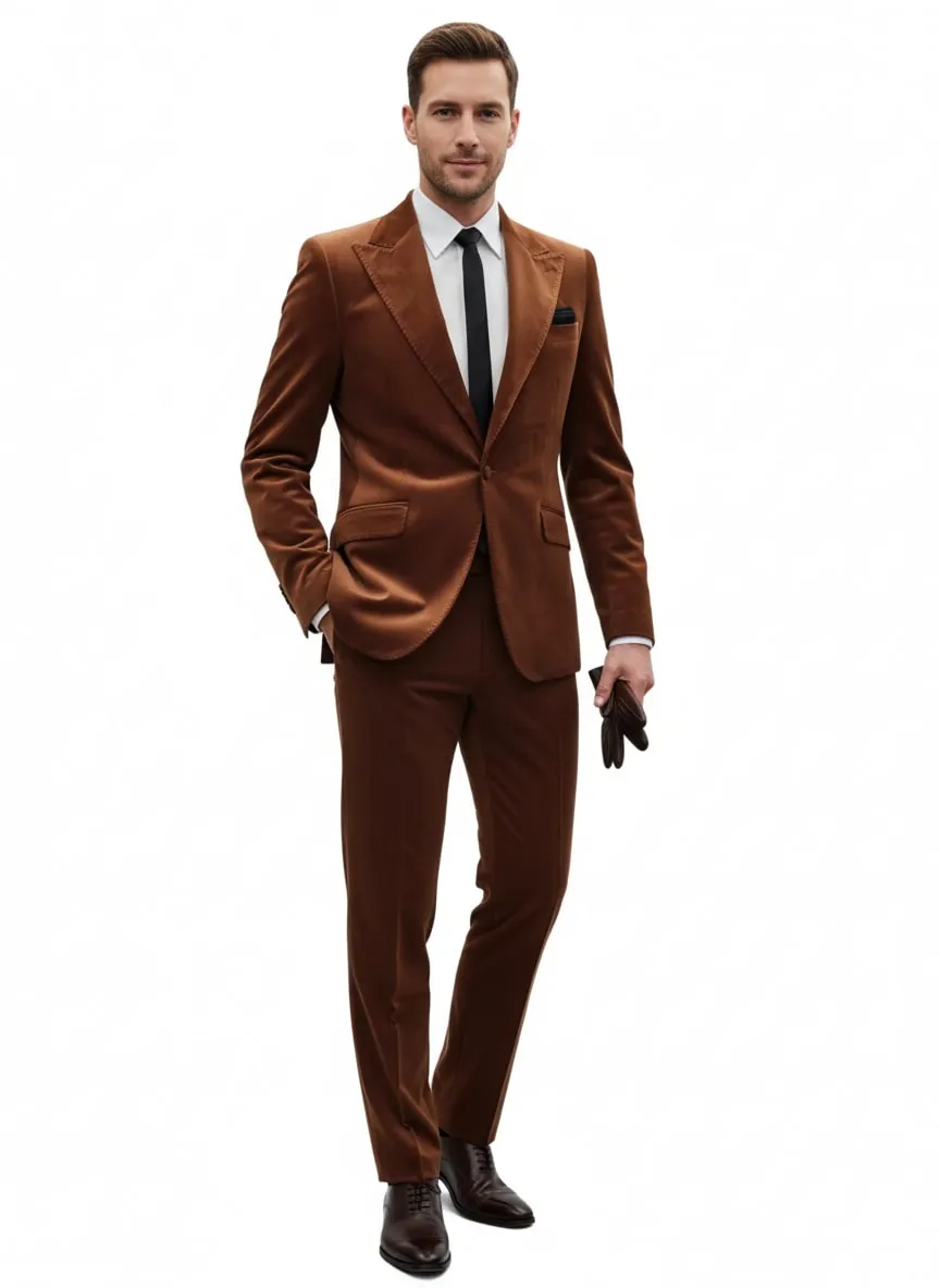 Mens Brown Velvet 2-Piece Suit - Luxury Slim Fit Formal Blazer and Pants Set in Rust Copper Color sold by Alberto Nardoni product image thumbnail 2