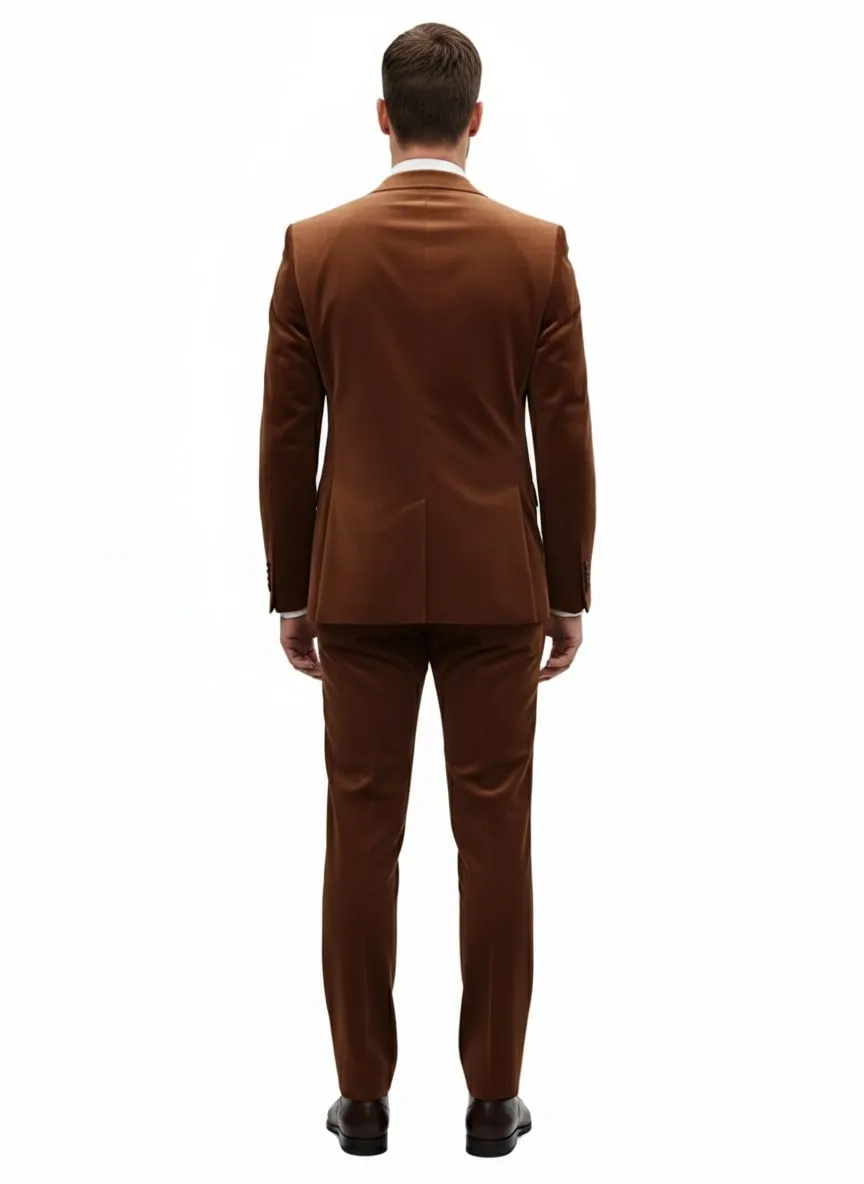 Mens Brown Velvet 2-Piece Suit - Luxury Slim Fit Formal Blazer and Pants Set in Rust Copper Color sold by Alberto Nardoni product image thumbnail 3