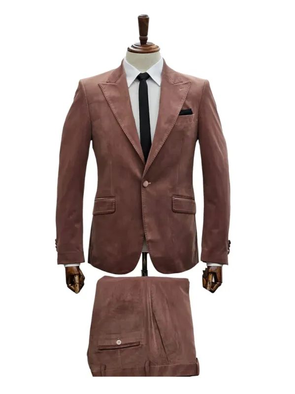 Mens Mauve Velvet Suit – 2 Piece Ultra Slim Fit Blazer and Pants Formal Set in Light Brown Tuxedo sold by Alberto Nardoni