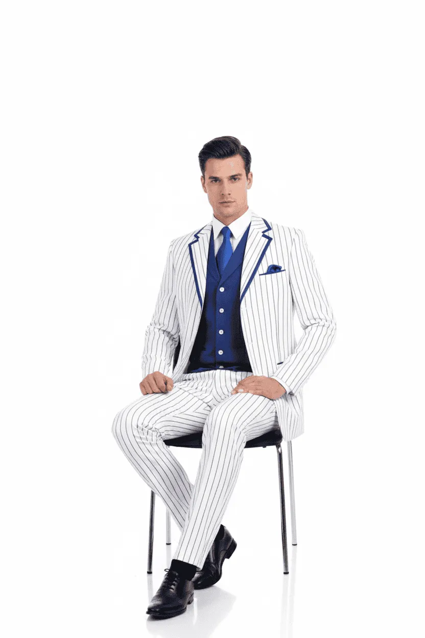 Mens White and Royal Blue Pinstripe 3-Piece Suit - Classic Fit Blazer with Vest, Pants, and Tie sold by Alberto Nardoni product image thumbnail 3