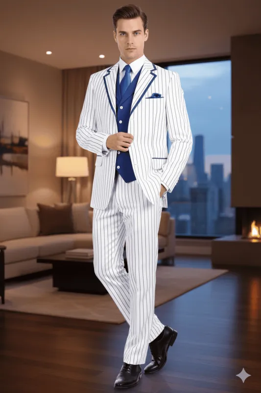 Men’s White and Royal Blue Pinstripe 3-Piece Suit – Classic Fit Blazer with Vest, Pants, and Tie sold by Alberto Nardoni