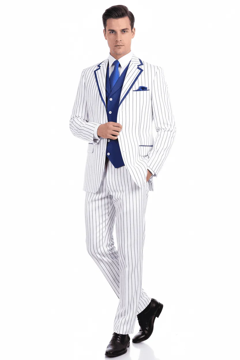 Mens White and Royal Blue Pinstripe 3-Piece Suit - Classic Fit Blazer with Vest, Pants, and Tie sold by Alberto Nardoni product image thumbnail 4