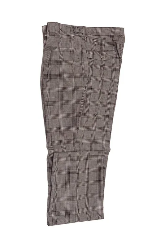 Tiglio Luxe Taupe with Burgundy Windowpane Semi-Wide Leg Wool Marbella Dress Pants TL3331 sold by Alberto Nardoni