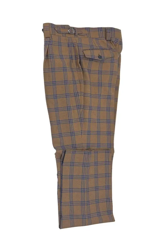 Tiglio Luxe Camel with Blue Windowpane Semi-Wide Leg Wool Marbella Dress Pants TL3304 sold by Alberto Nardoni