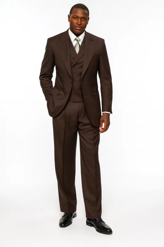 Tiglio Rosso Mens Choclate Brown 3 Piece Suit - Double Breasted Vest with Classic 100% Wool Super 150's Fabric - Pleated Pants sold by Alberto Nardoni