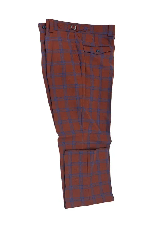 Tiglio Luxe Burnt Orange with Blue Windowpane Semi-Wide Leg Wool Marbella Dress Pants TL3302 sold by Alberto Nardoni