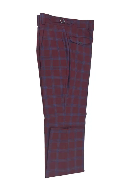 Tiglio Luxe Bordeaux Red with Blue Windowpane Semi-Wide Leg Wool Marbella Dress Pants TL3305 sold by Alberto Nardoni