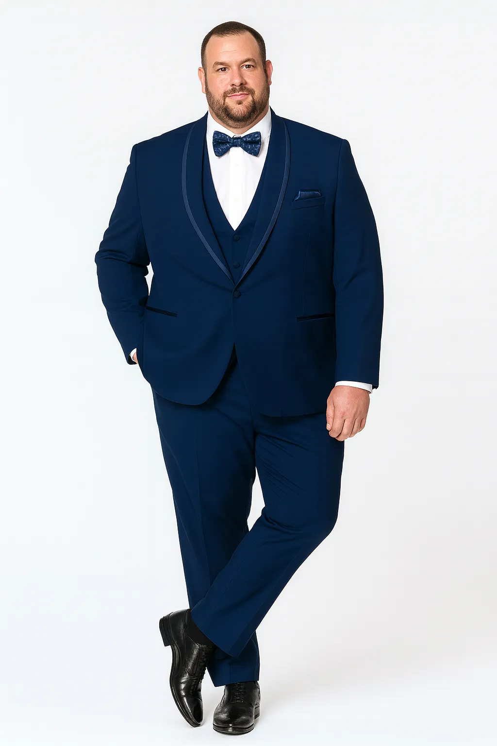Men’s Navy Blue with Blue Trim Three-Piece Tuxedo with Satin Shawl Lapel and Bow Tie Wedding Suit sold by Alberto Nardoni product image thumbnail 5