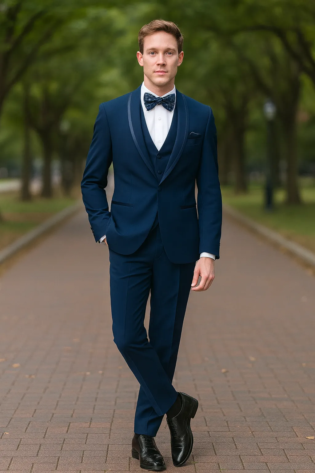 Men’s Navy Blue with Blue Trim Three-Piece Tuxedo with Satin Shawl Lapel and Bow Tie Wedding Suit sold by Alberto Nardoni product image thumbnail 4
