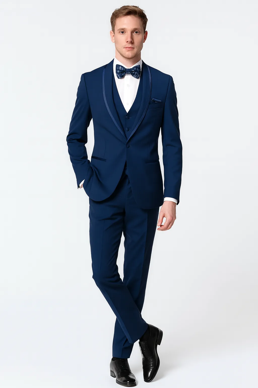 Men’s Navy Blue with Blue Trim Three-Piece Tuxedo with Satin Shawl Lapel and Bow Tie Wedding Suit sold by Alberto Nardoni