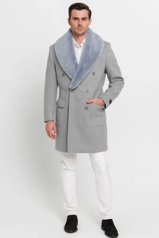 Men’s Light Grey Double Breasted Overcoat with Faux Fur Shawl Collar – Winter Luxury Coat Wool Fabric sold by Alberto Nardoni