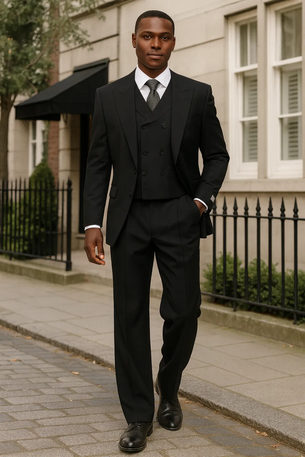 Mens Tiglio Rosso Suit - Wide Leg Baggy Pants - 100% Wool Black Three-Piece Suit with Double-Breasted Vest and Peak Lapel sold by Alberto Nardoni product image thumbnail 4