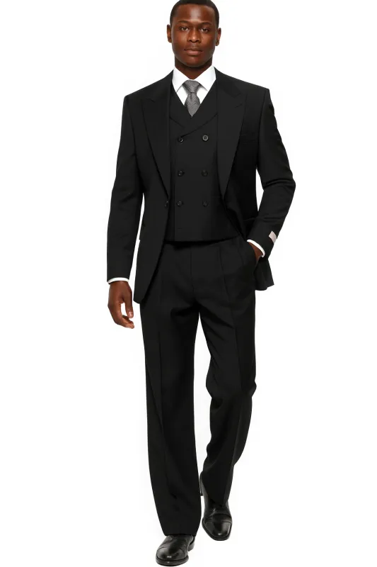 Mens Tiglio Rosso Suit - Wide Leg Baggy Pants - 100% Wool  Black Three-Piece Suit with Double-Breasted Vest and Peak Lapel sold by Alberto Nardoni