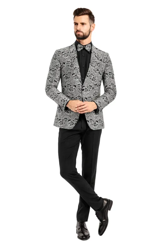 Mens Black and Silver Paisley Tuxedo Jacket - Slim Fit Dinner Blazer with Matching Bow Tie with Black Pants sold by Alberto Nardoni