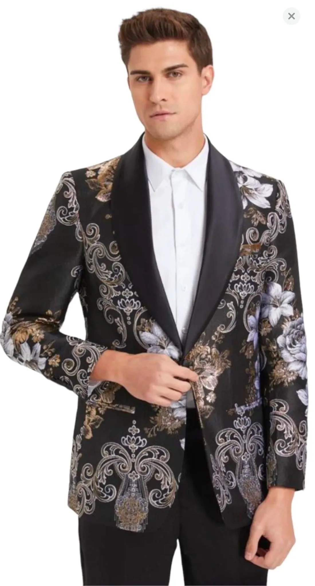 Mens Black and Gold and Silver Floral Jacquard Blazer with Satin Shawl Lapel Tuxedo Suit With Black Pants with Bowtie sold by Alberto Nardoni