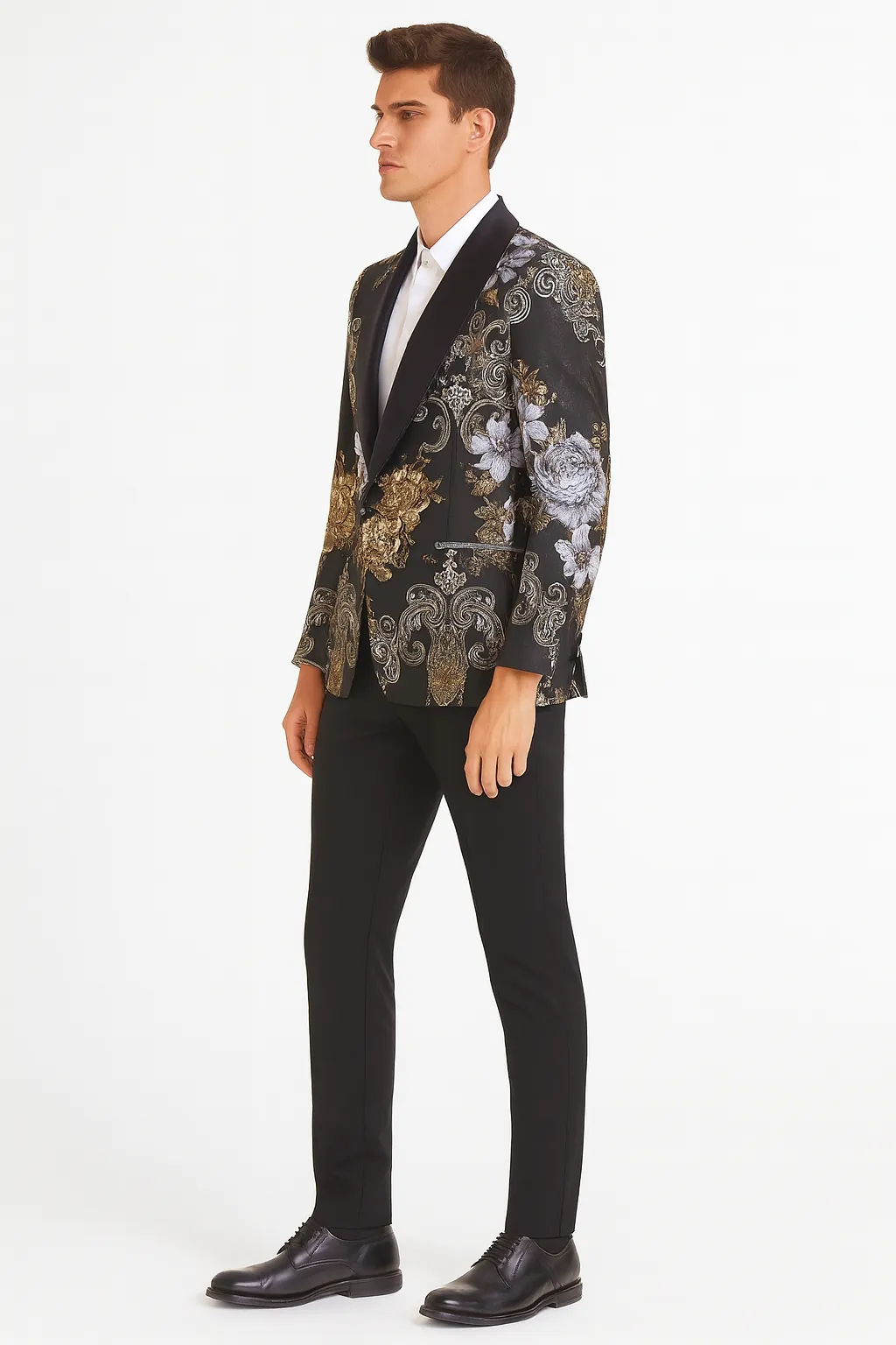 Mens Black and Gold and Silver Floral Jacquard Blazer with Satin Shawl Lapel Tuxedo Suit With Black Pants with Bowtie sold by Alberto Nardoni product image thumbnail 4
