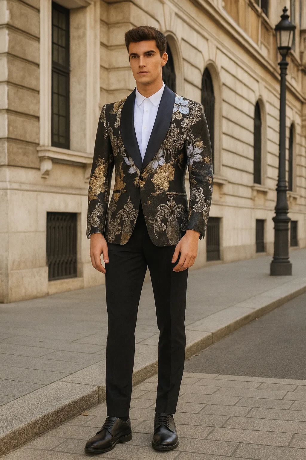Mens Black and Gold and Silver Floral Jacquard Blazer with Satin Shawl Lapel Tuxedo Suit With Black Pants with Bowtie sold by Alberto Nardoni product image thumbnail 5