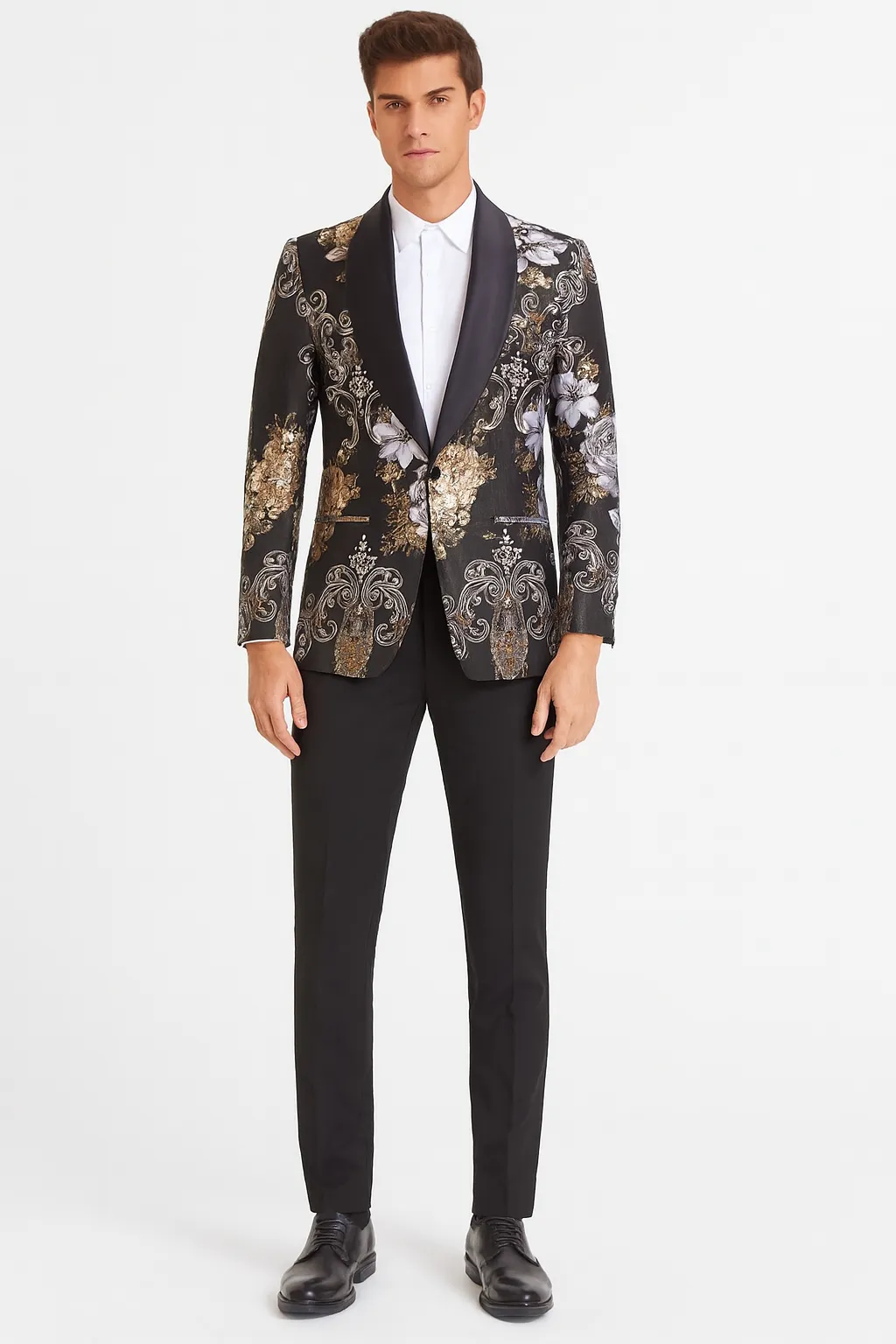 Mens Black and Gold and Silver Floral Jacquard Blazer with Satin Shawl Lapel Tuxedo Suit With Black Pants with Bowtie sold by Alberto Nardoni product image thumbnail 2